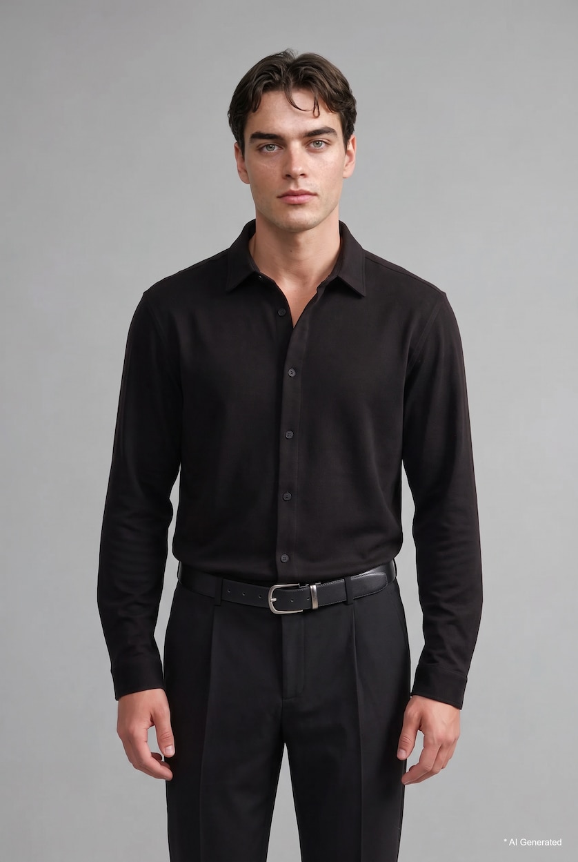 HOMME Noir Chemise basic en jersey à manches longues à col polo Coupe slim