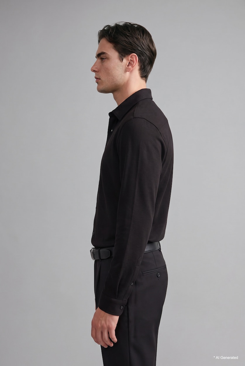 HOMME Noir Chemise basic en jersey à manches longues à col polo Coupe slim