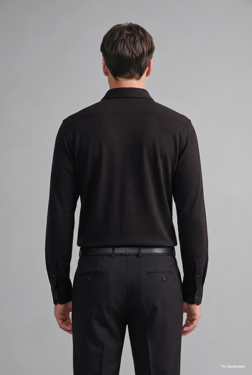 HOMME Noir Chemise basic en jersey à manches longues à col polo Coupe slim