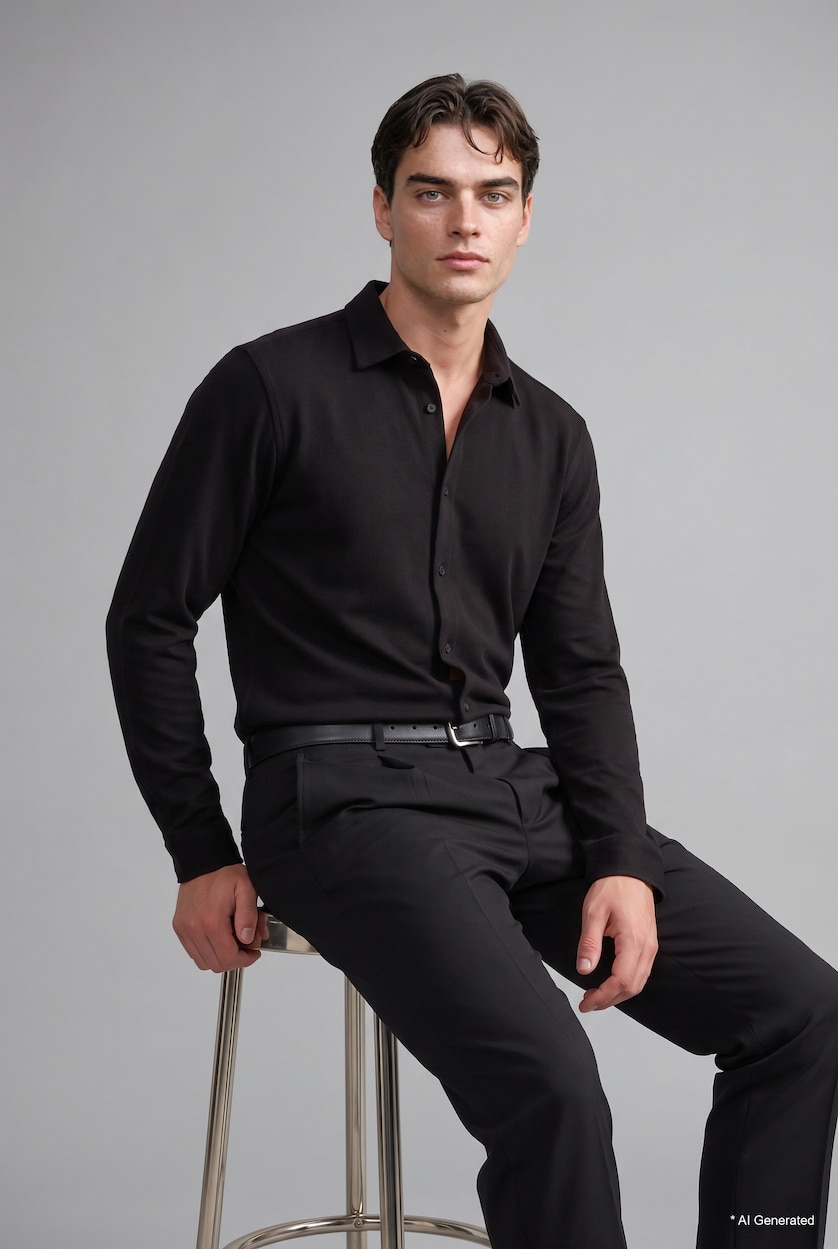 HOMME Noir Chemise basic en jersey à manches longues à col polo Coupe slim