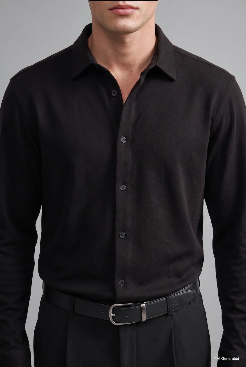 HOMME Noir Chemise basic en jersey à manches longues à col polo Coupe slim