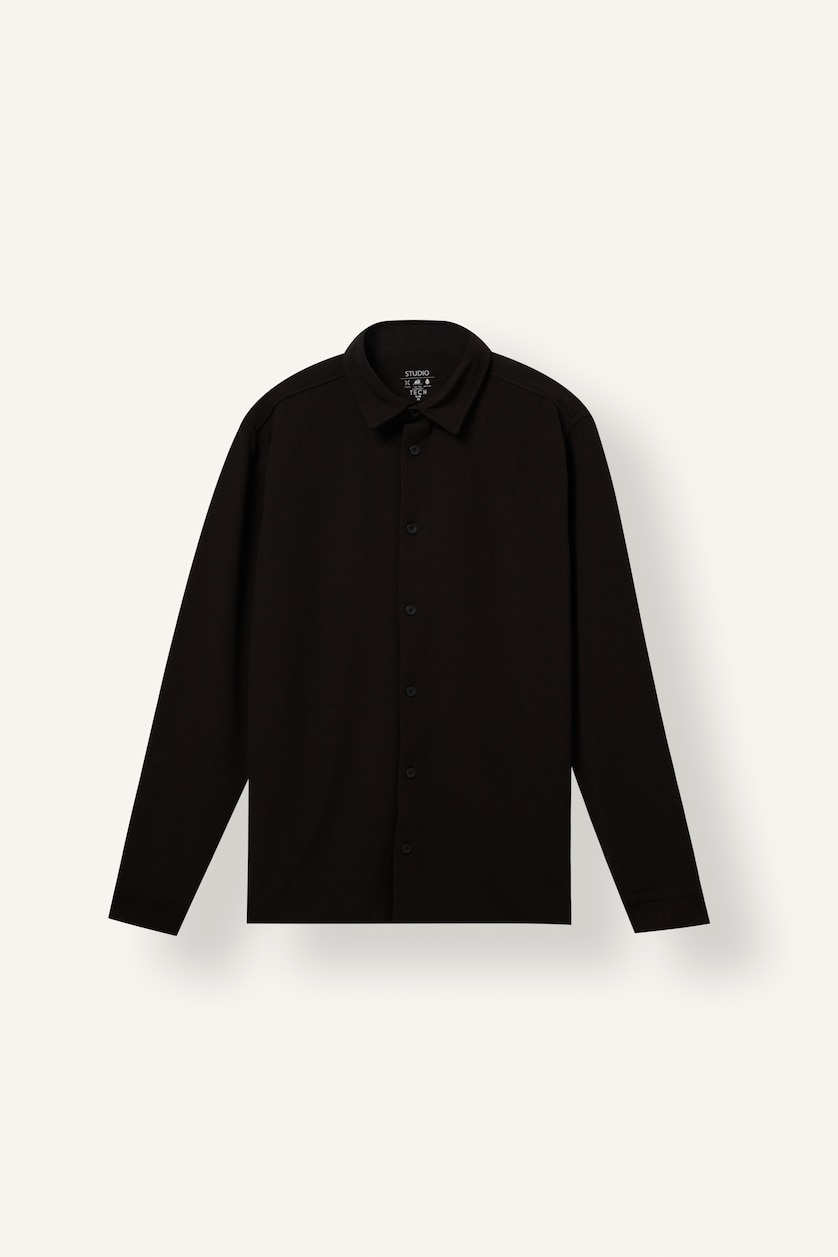 HOMME Noir Chemise basic en jersey à manches longues à col polo Coupe slim