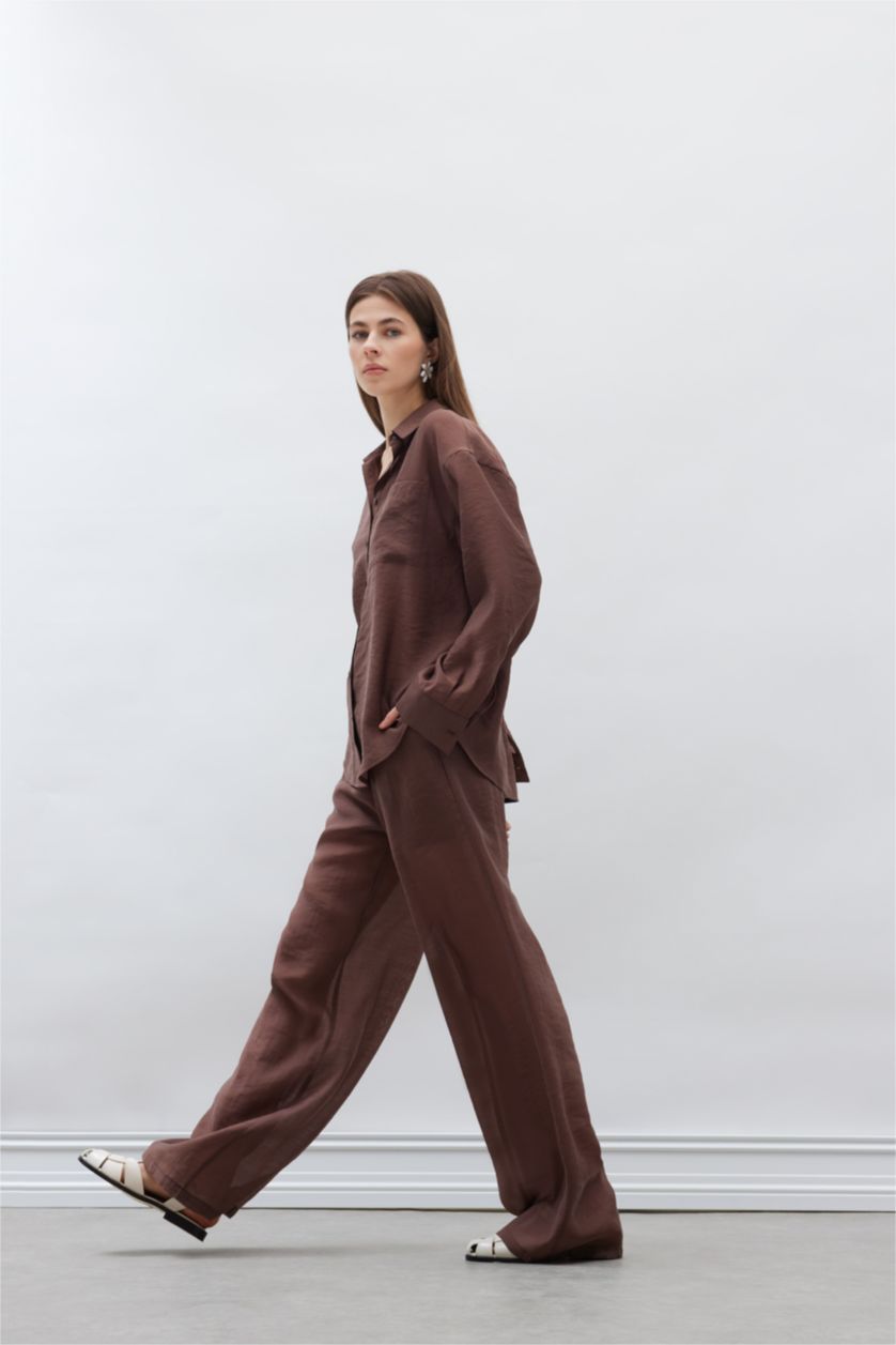 Women Brown Straight Fit High Waist Long Length Modal Trousers