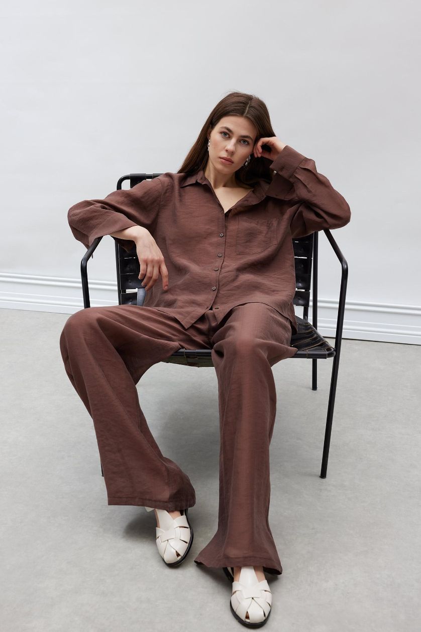 Kadın Kahve Straight Fit Modal Kumaş Palazzo Pantolon Yüksek Bel Uzun Boy