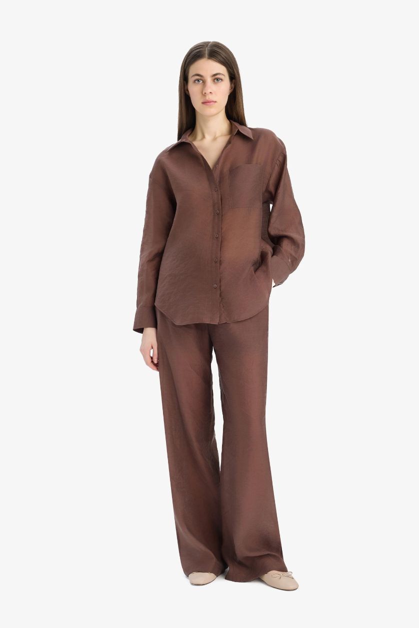 Kadın Kahve Straight Fit Modal Kumaş Palazzo Pantolon Yüksek Bel Uzun Boy