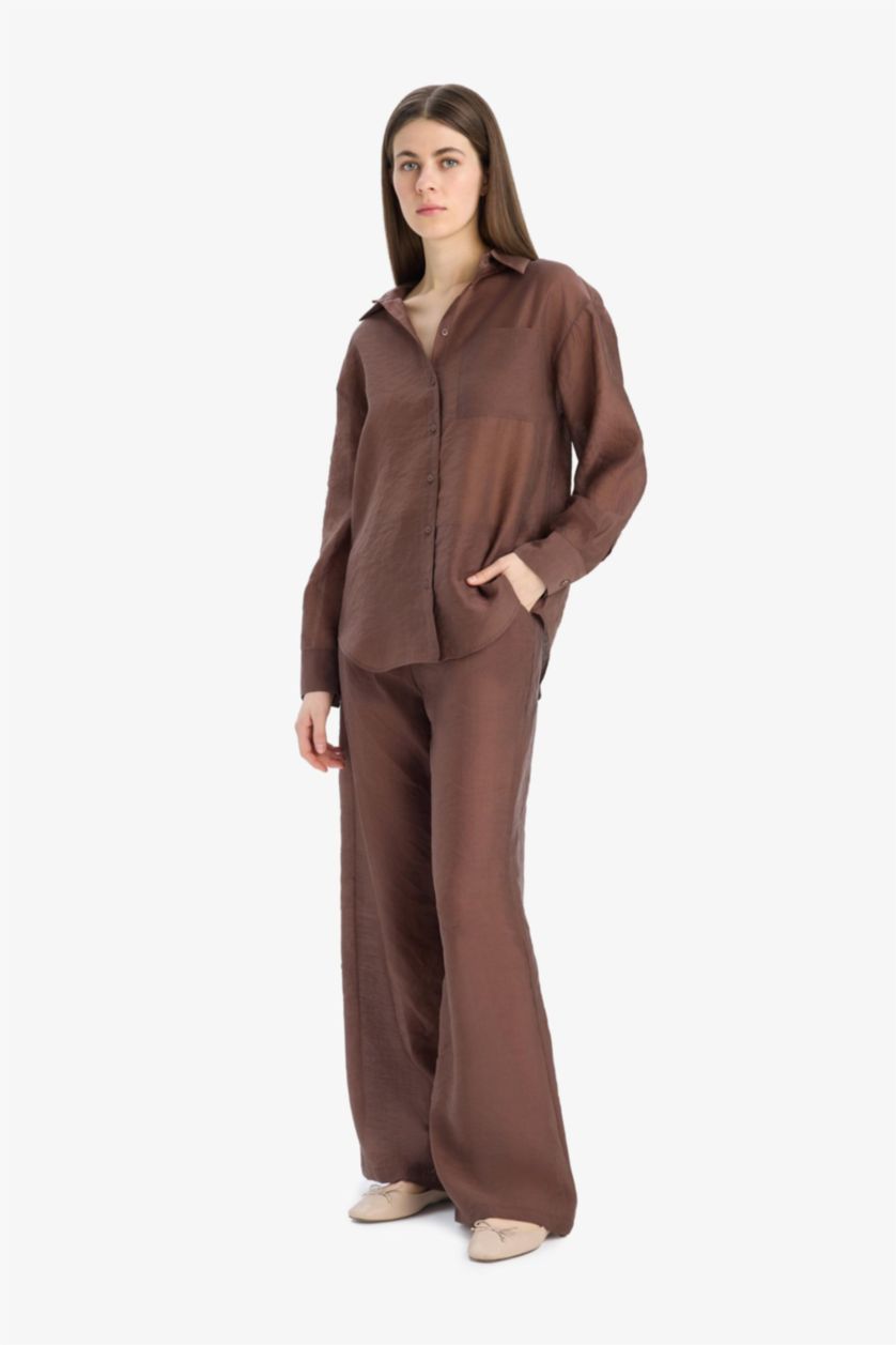 Women Brown Straight Fit High Waist Long Length Modal Trousers