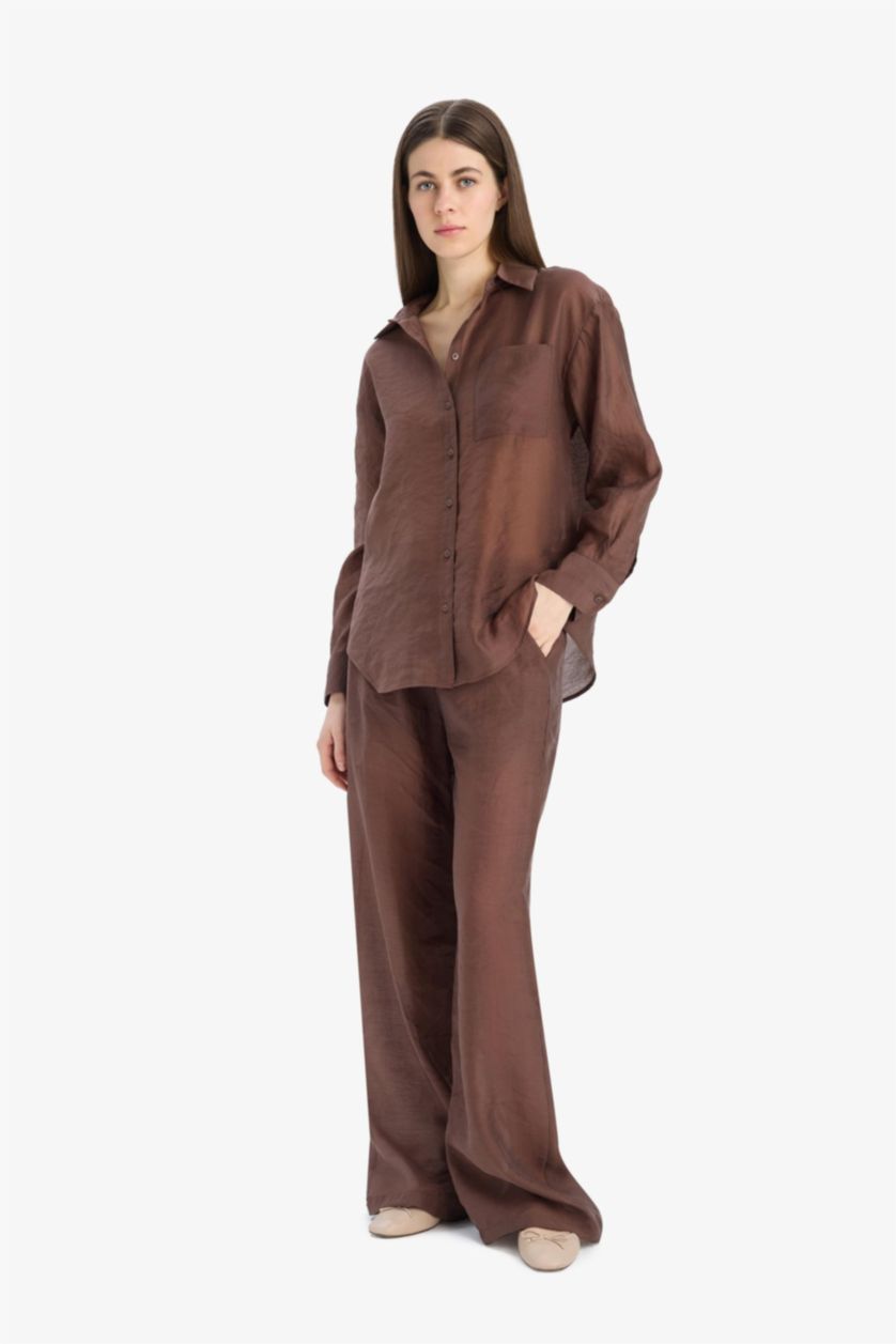 Kadın Kahve Straight Fit Modal Kumaş Palazzo Pantolon Yüksek Bel Uzun Boy