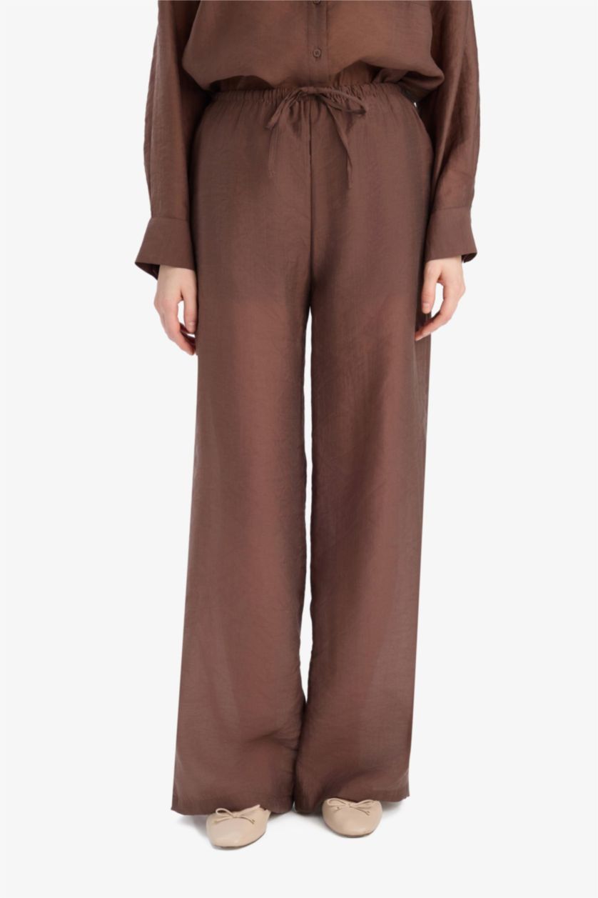 Women Brown Straight Fit High Waist Long Length Modal Trousers