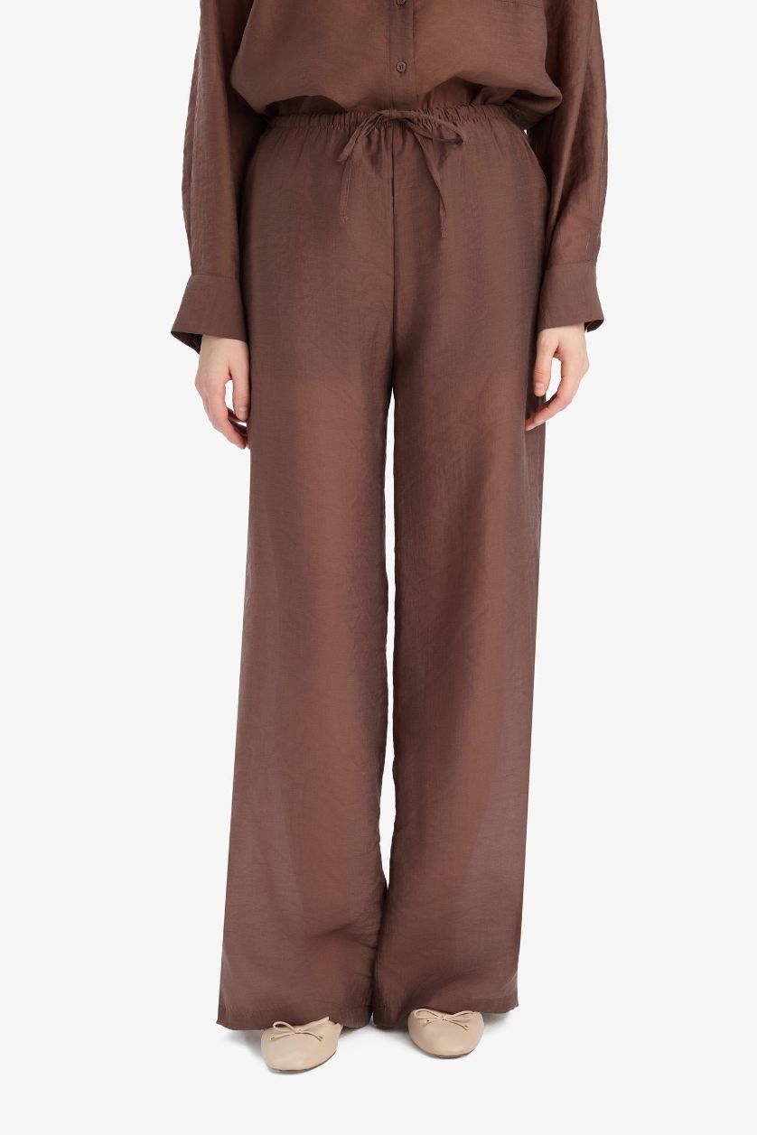 Kadın Kahve Straight Fit Modal Kumaş Palazzo Pantolon Yüksek Bel Uzun Boy