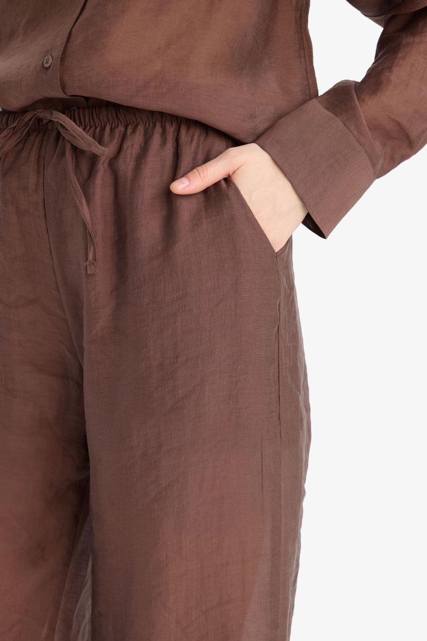 Kadın Kahve Straight Fit Modal Kumaş Palazzo Pantolon Yüksek Bel Uzun Boy