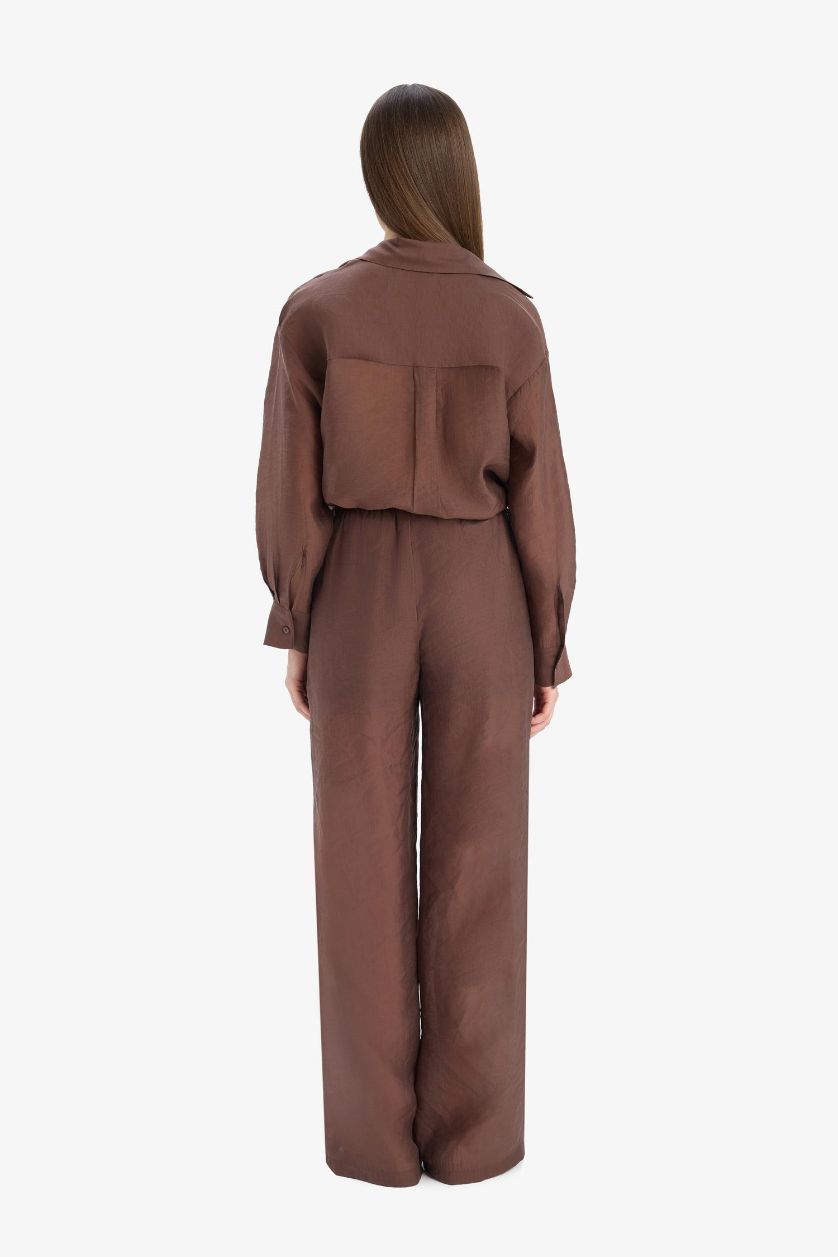 Kadın Kahve Straight Fit Modal Kumaş Palazzo Pantolon Yüksek Bel Uzun Boy