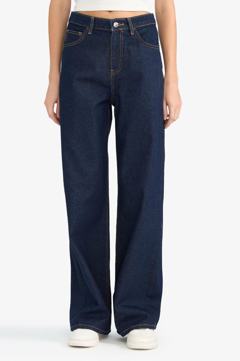 Kadın Mavi Siyah %100 Pamuk Wıde Leg Normal Bel Jean Pantolon