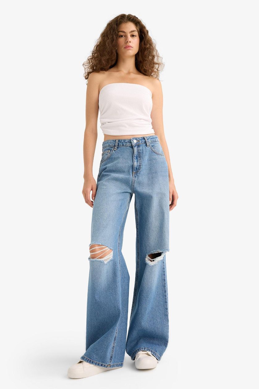 Kadın Mavi Wıde Leg Yırtık Detaylı Yüksek Bel Uzun Jean Yıkamalı Pantolon