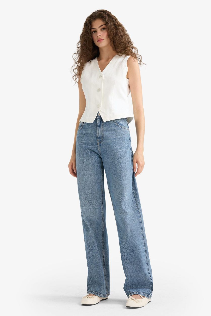 Kadın Mavi Yüksek Bel 90's Wıde Leg Pantolon