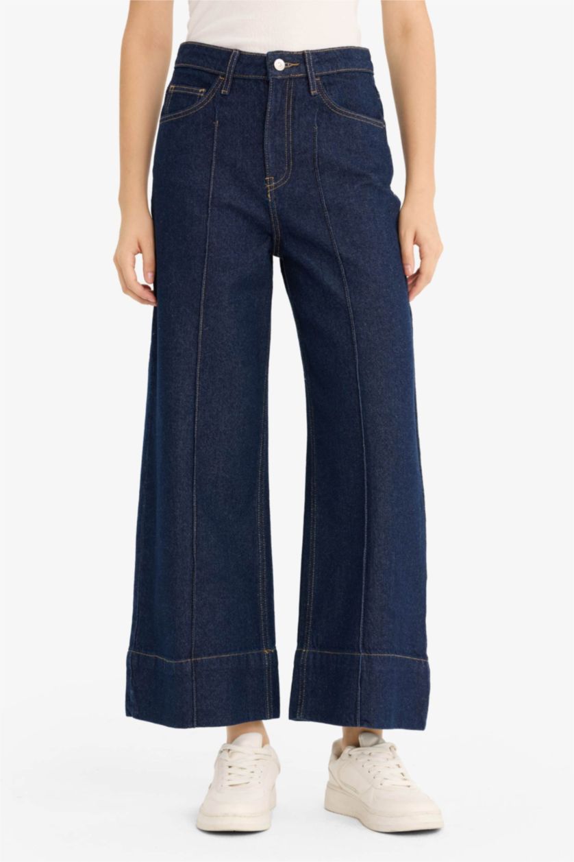 Woman Blue Black Short Wide Leg High Waist Crop Fit Jeans