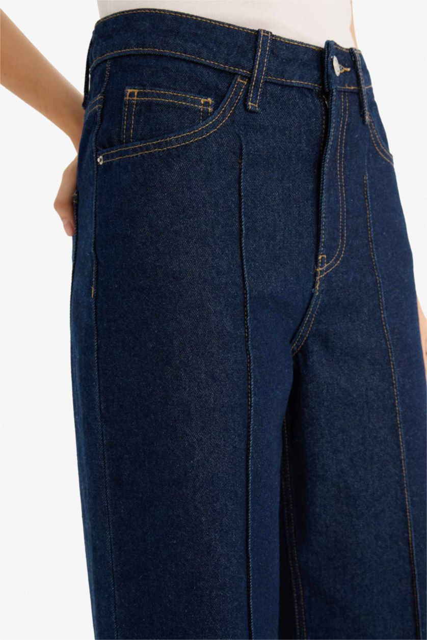Woman Blue Black Short Wide Leg High Waist Crop Fit Jeans