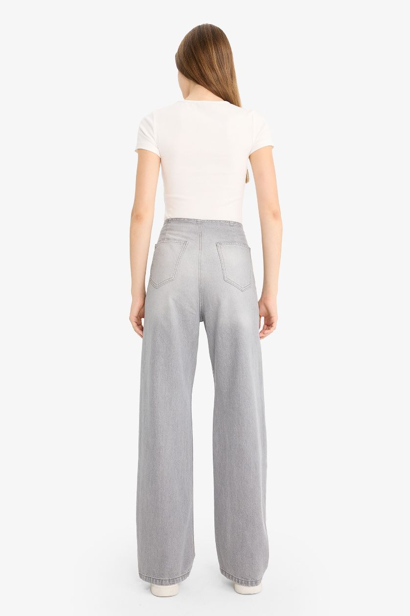 نساء رمادي بنطرون جينز وايد ليج برجل واسع وخصر عالي