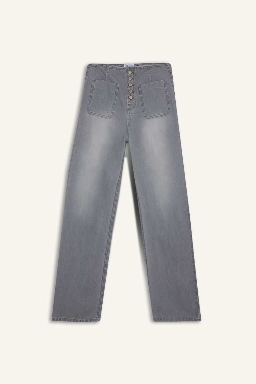 نساء رمادي بنطرون جينز وايد ليج برجل واسع وخصر عالي