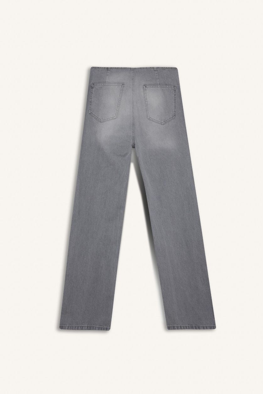 نساء رمادي بنطرون جينز وايد ليج برجل واسع وخصر عالي