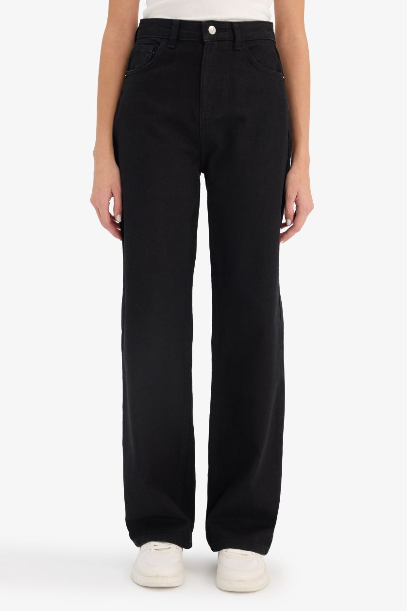 Kadın Siyah %100 Pamuk 90's Wıde Leg Yüksek Bel Jean Pantolon