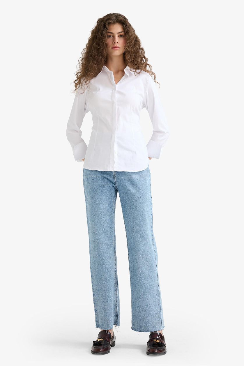 Woman Light Blue Straight Fit High Waist Straight Leg Long Jeans