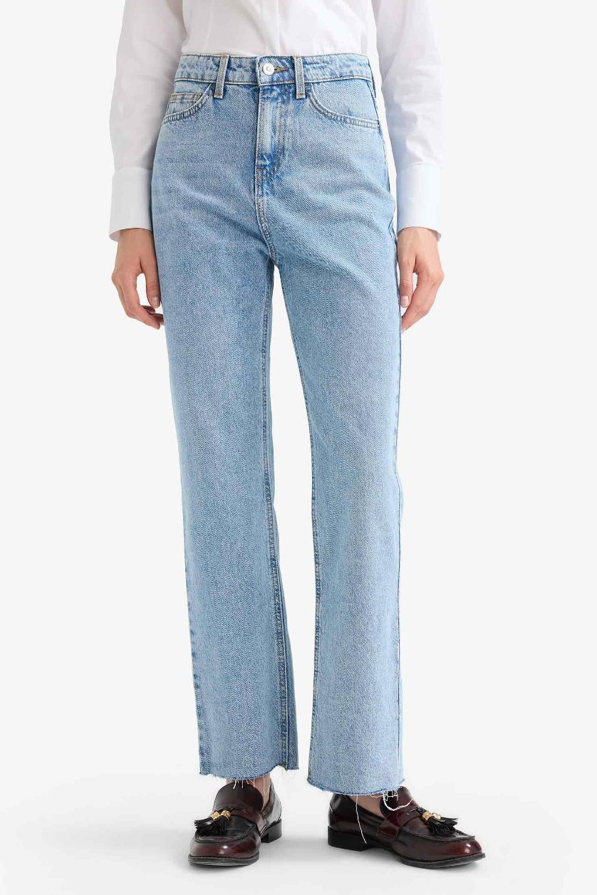 Woman Light Blue Straight Fit High Waist Straight Leg Long Jeans
