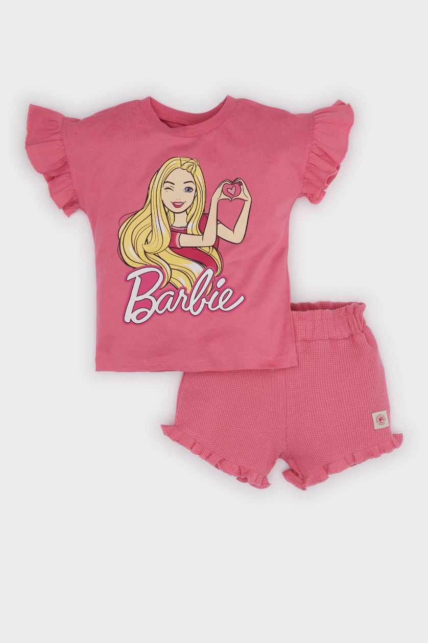 Kız Bebek Pembe Barbie 2'li Takım Kısa Kollu Tişört Beli Lastikli Şort Kız Bebek