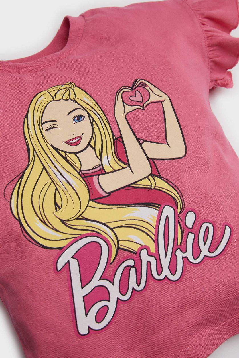 Kız Bebek Pembe Barbie 2'li Takım Kısa Kollu Tişört Beli Lastikli Şort Kız Bebek