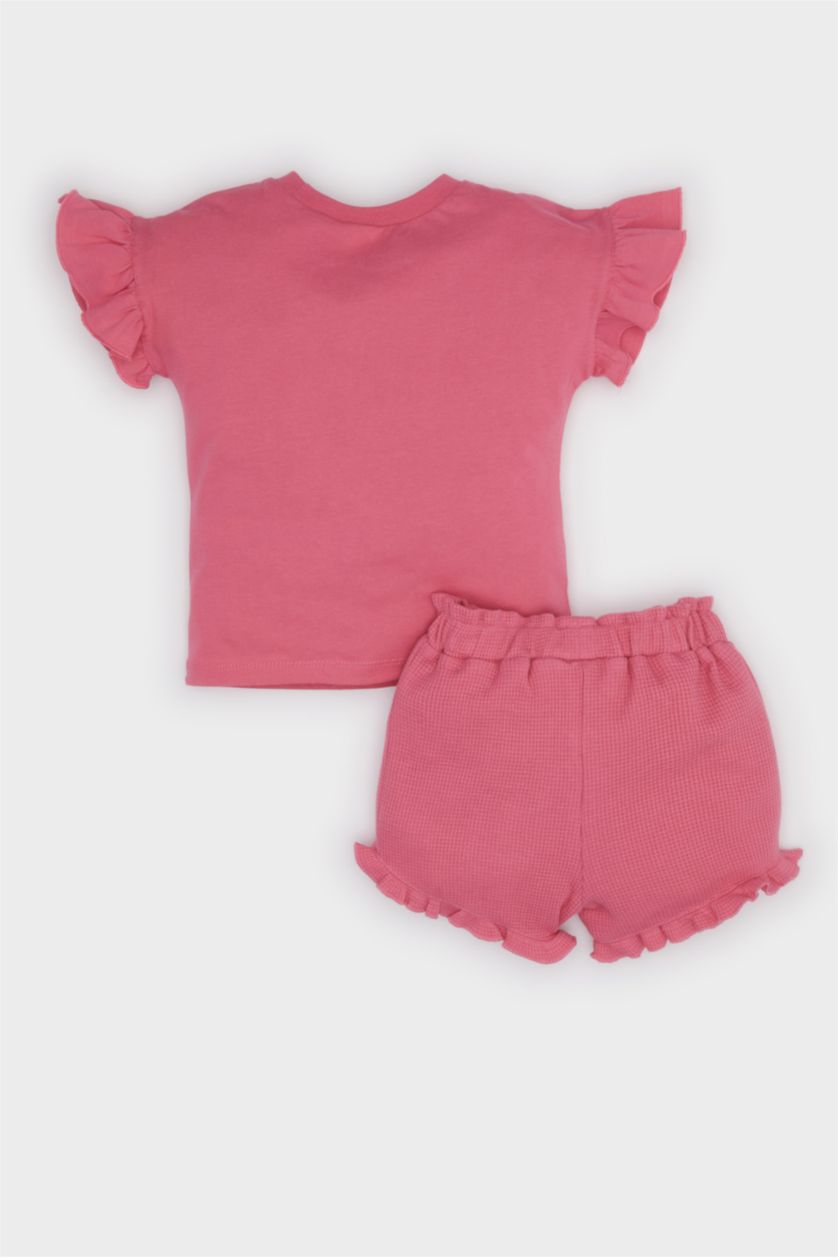 Kız Bebek Pembe Barbie 2'li Takım Kısa Kollu Tişört Beli Lastikli Şort Kız Bebek