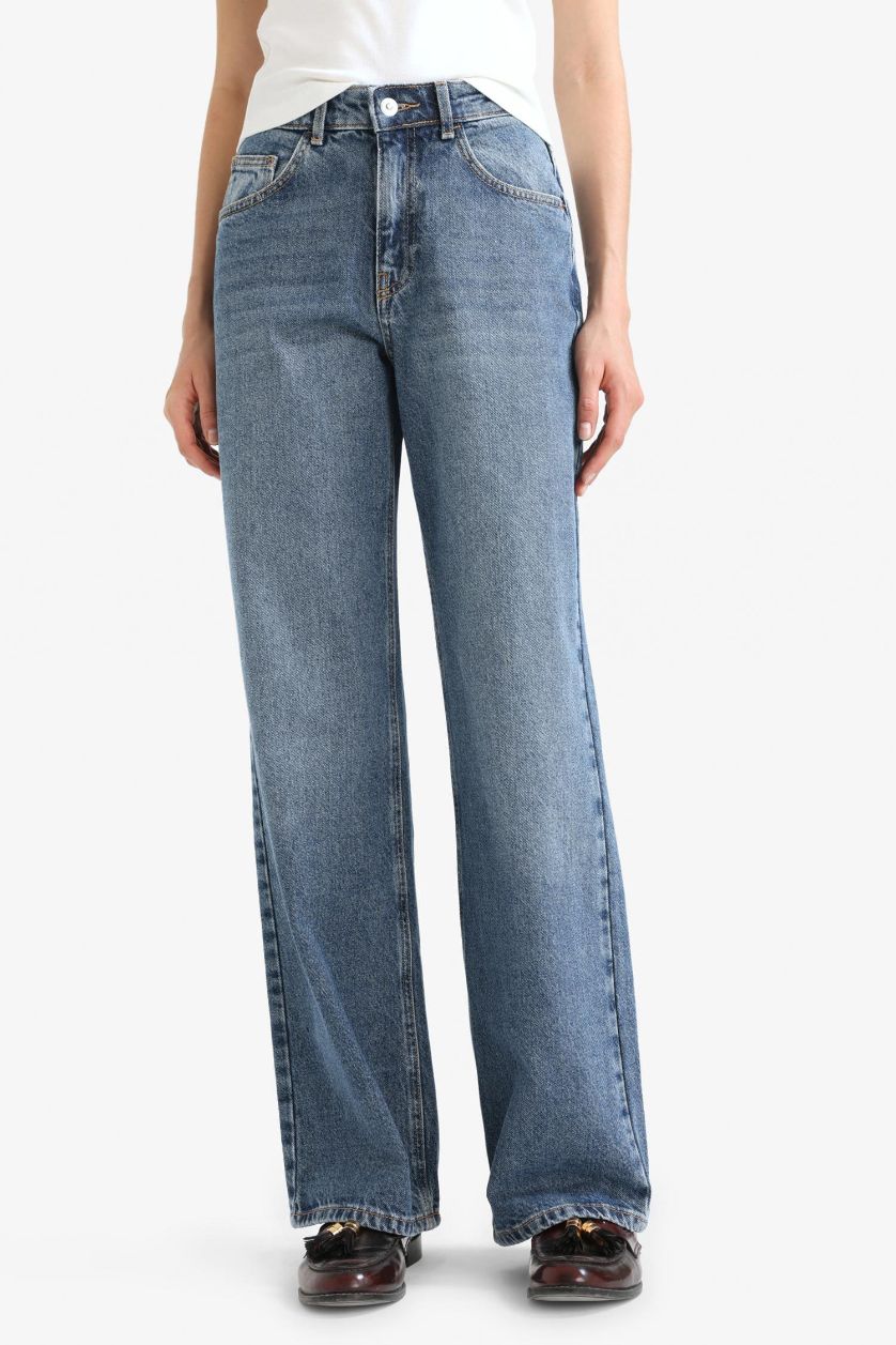 حريمي أزرق بنطلون جينز قصة مستقيمة واسعة وخصر عالي