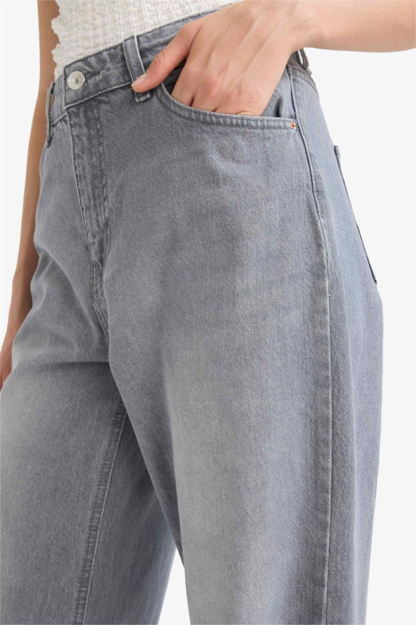 Kadın Gri Straight Wide Yüksek Bel Uzun Jean Yıkamalı Pantolon