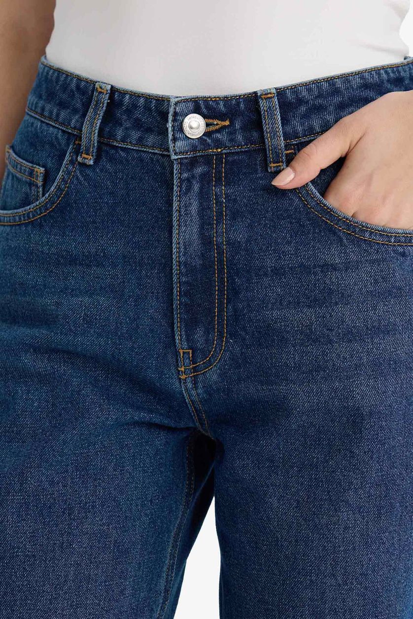 Kadın Koyu Mavi Straıght Wıde Yüksek Bel Düz Paça Uzun Jean Pantolon