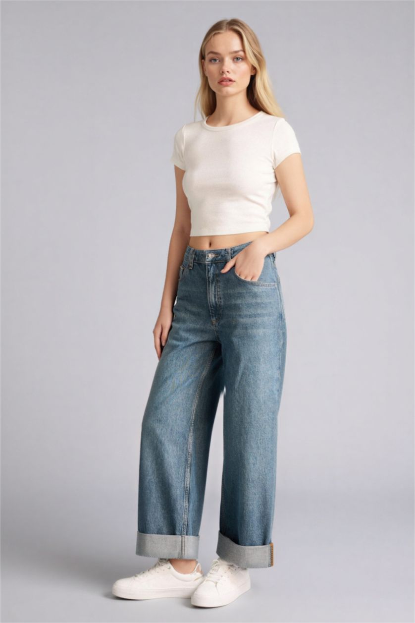 WOMAN Blue Baggy Fit Folded Leg Denim Trousers