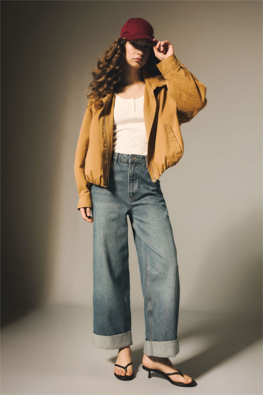 FEMME Bleu Jean baggy taille haute ourlet retroussé