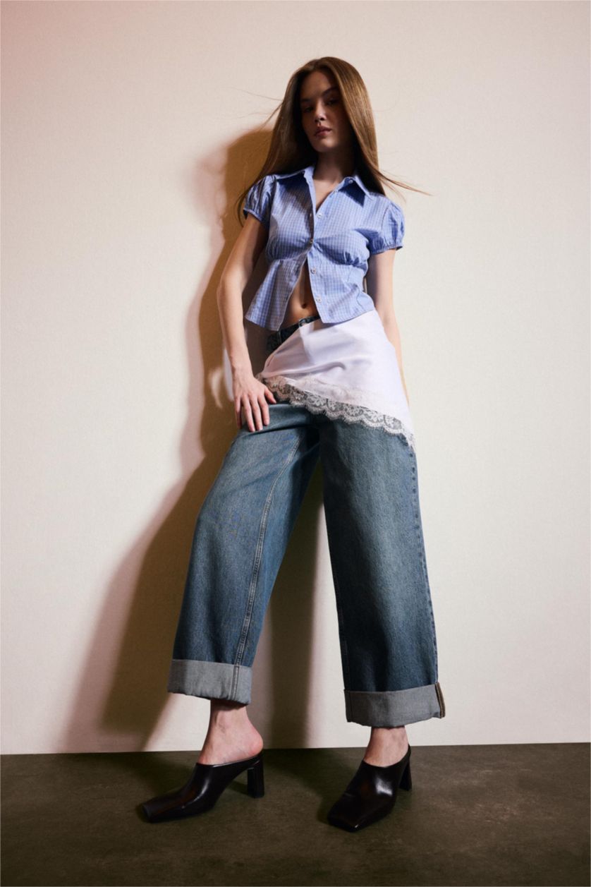 WOMAN Blue Baggy Fit Folded Leg Denim Trousers