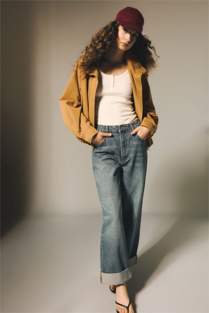 FEMME Bleu Jean baggy taille haute ourlet retroussé