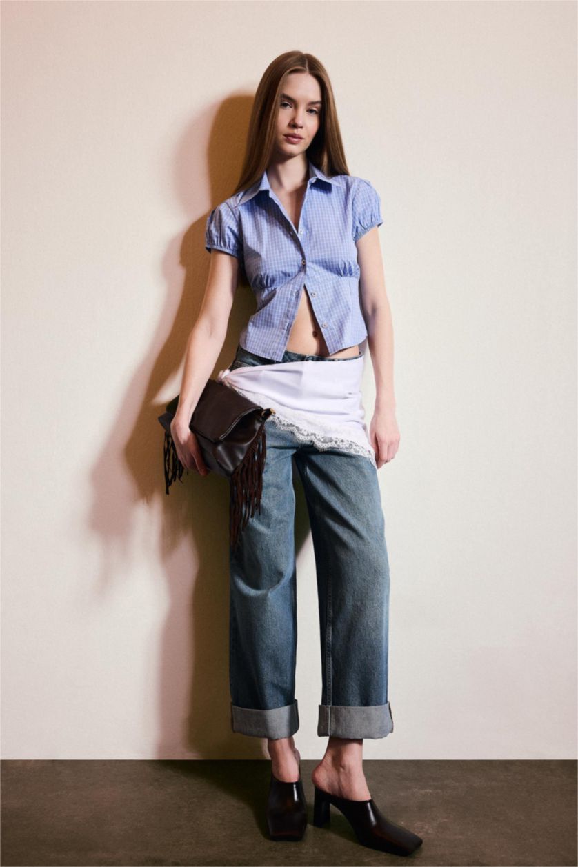 WOMAN Blue Baggy Fit Folded Leg Denim Trousers