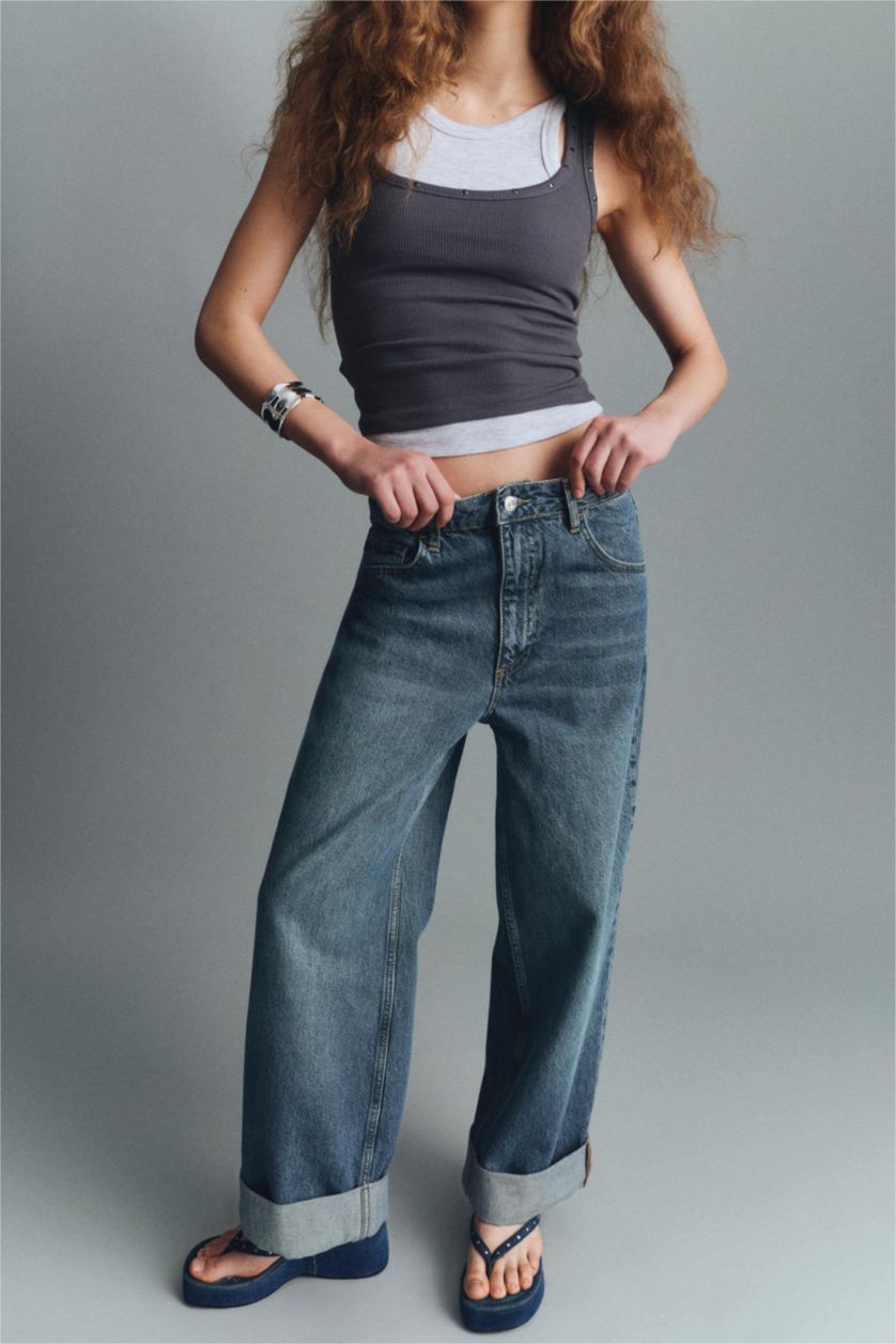 FEMME Bleu Jean baggy taille haute ourlet retroussé