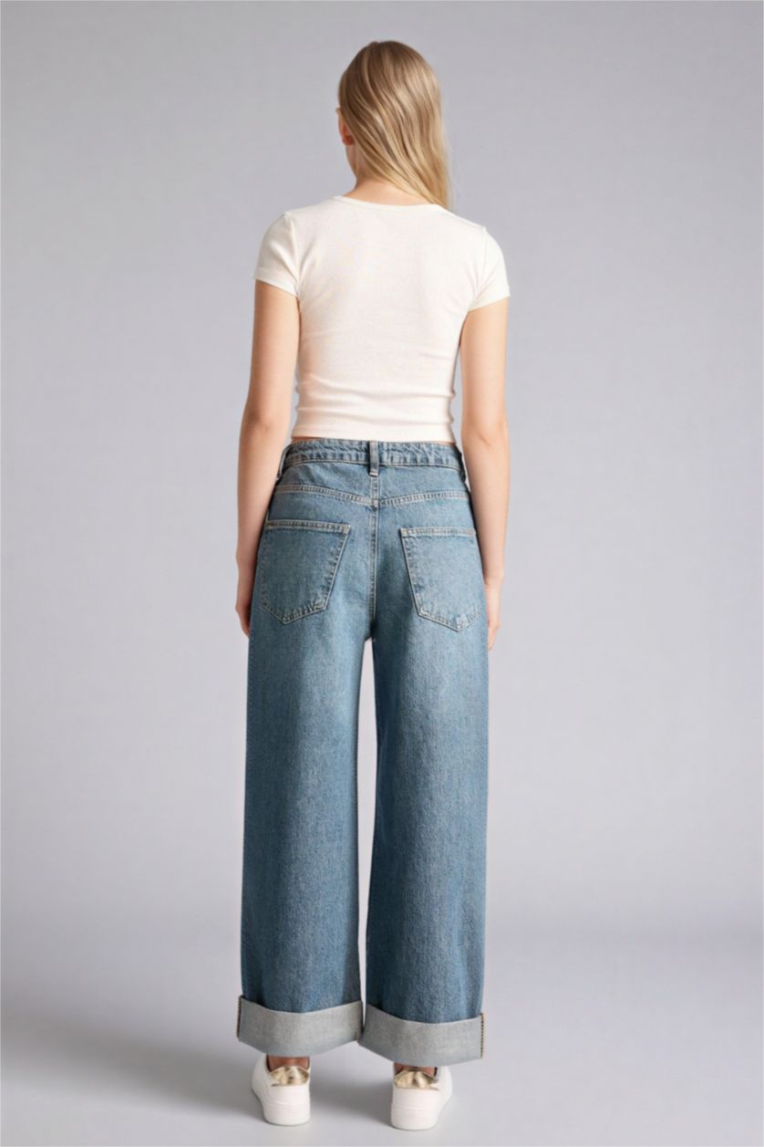 WOMAN Blue Baggy Fit Folded Leg Denim Trousers