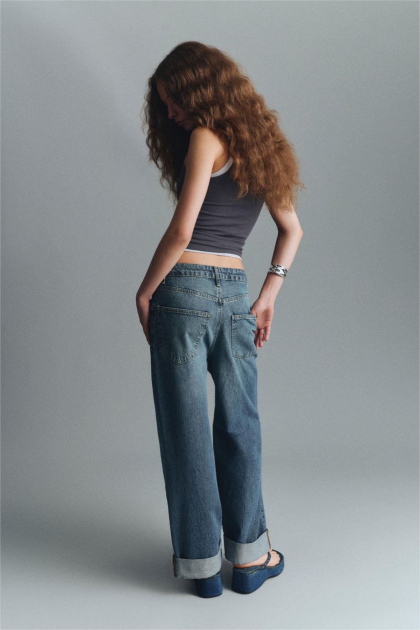FEMME Bleu Jean baggy taille haute ourlet retroussé