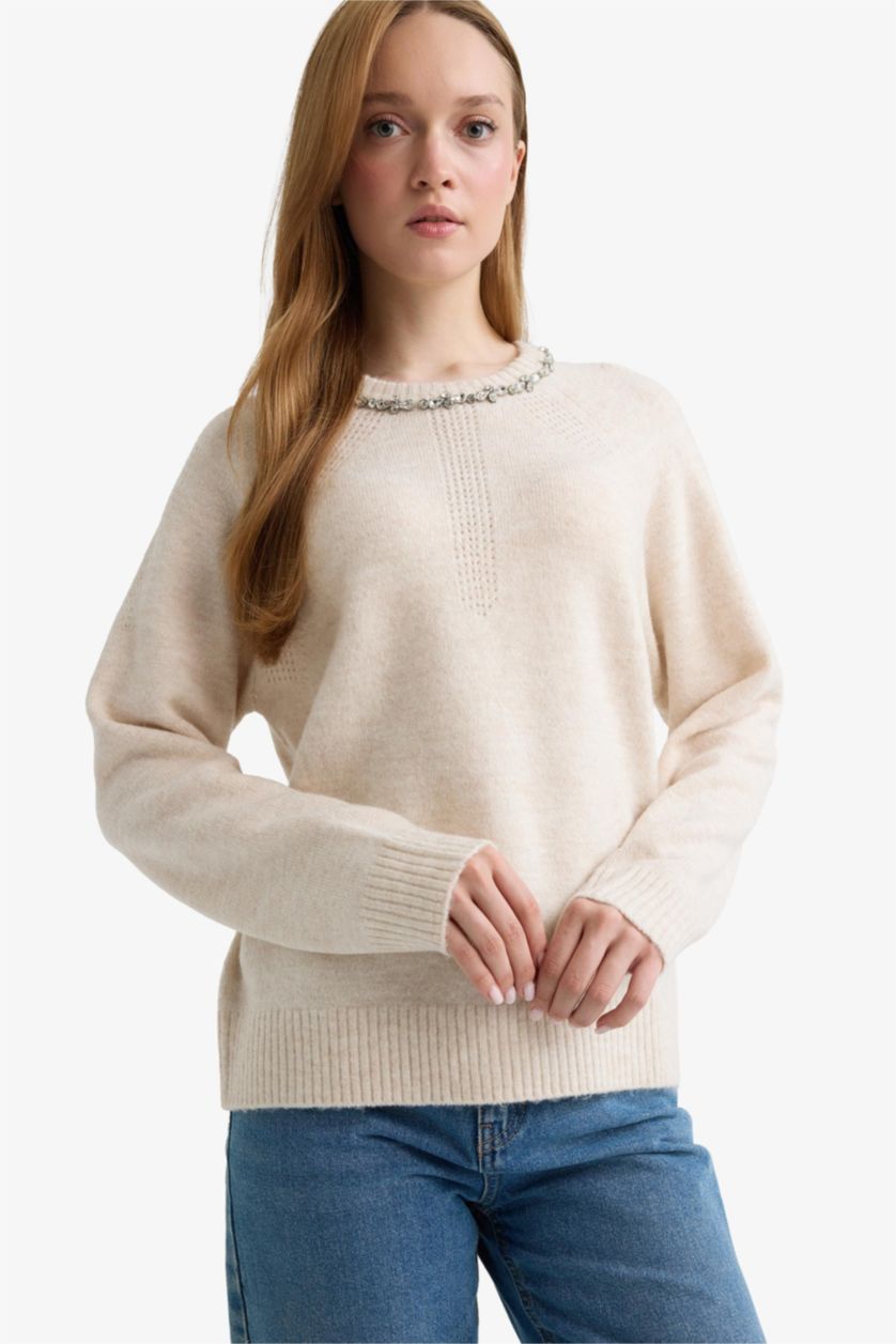 FEMME Écru Pull en tricot à col rond Coupe régulière