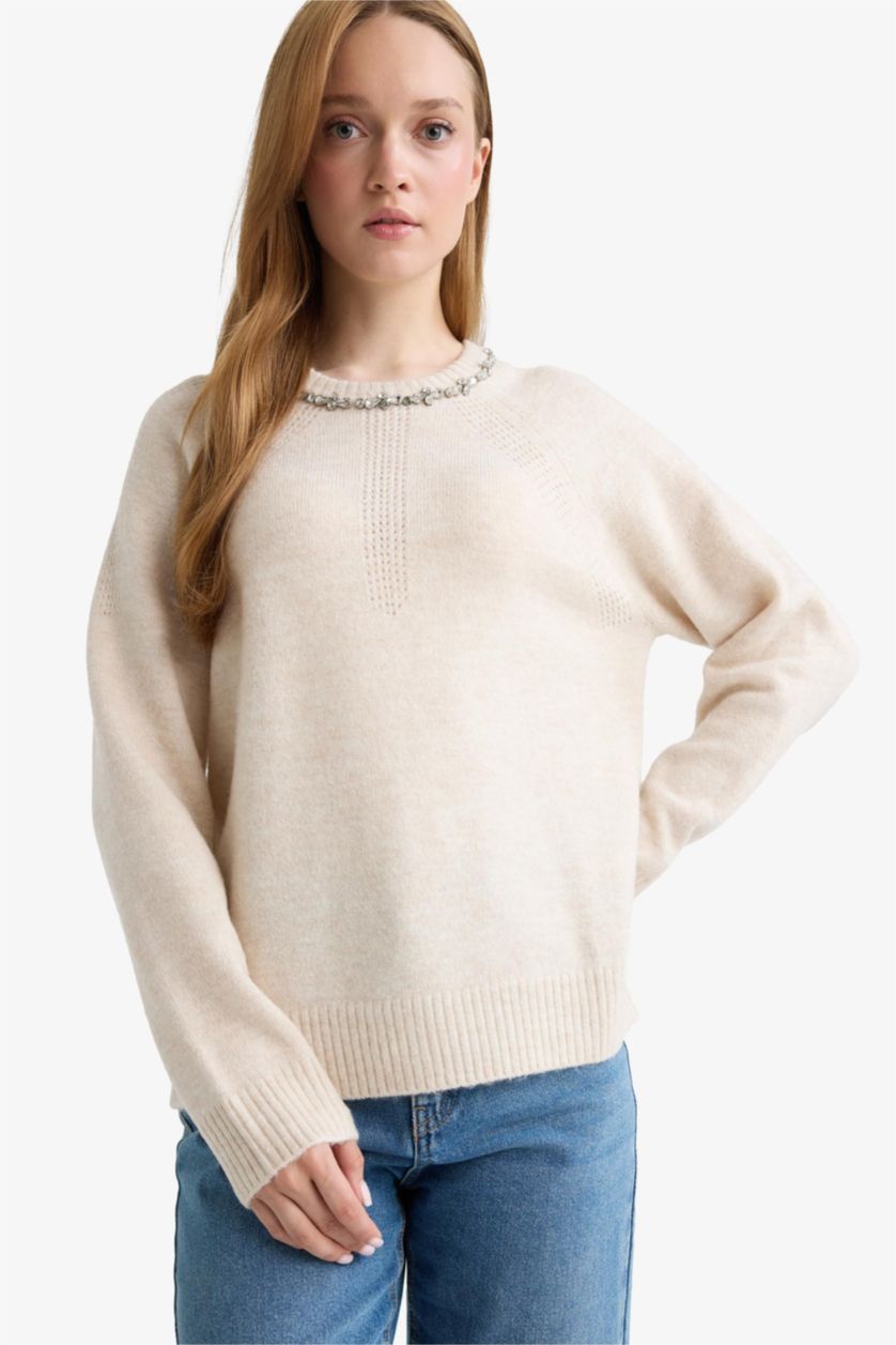 FEMME Écru Pull en tricot à col rond Coupe régulière