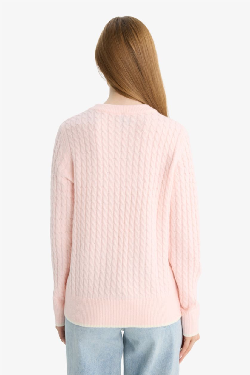 Женщины Светло-розовый Свитер стандартного покроя с круглым вырезом
