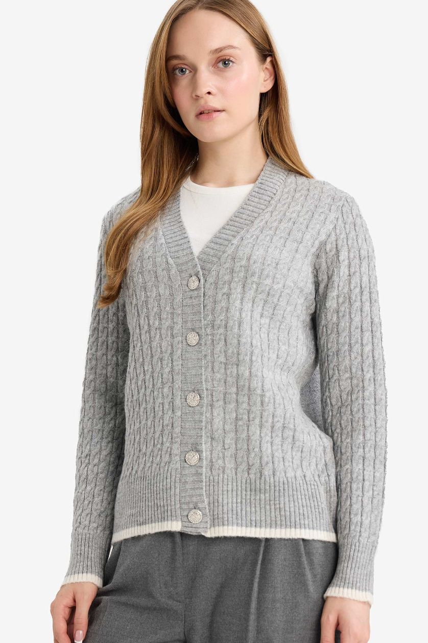 Woman Light Grey Regular Fit V-Neck Cardigan