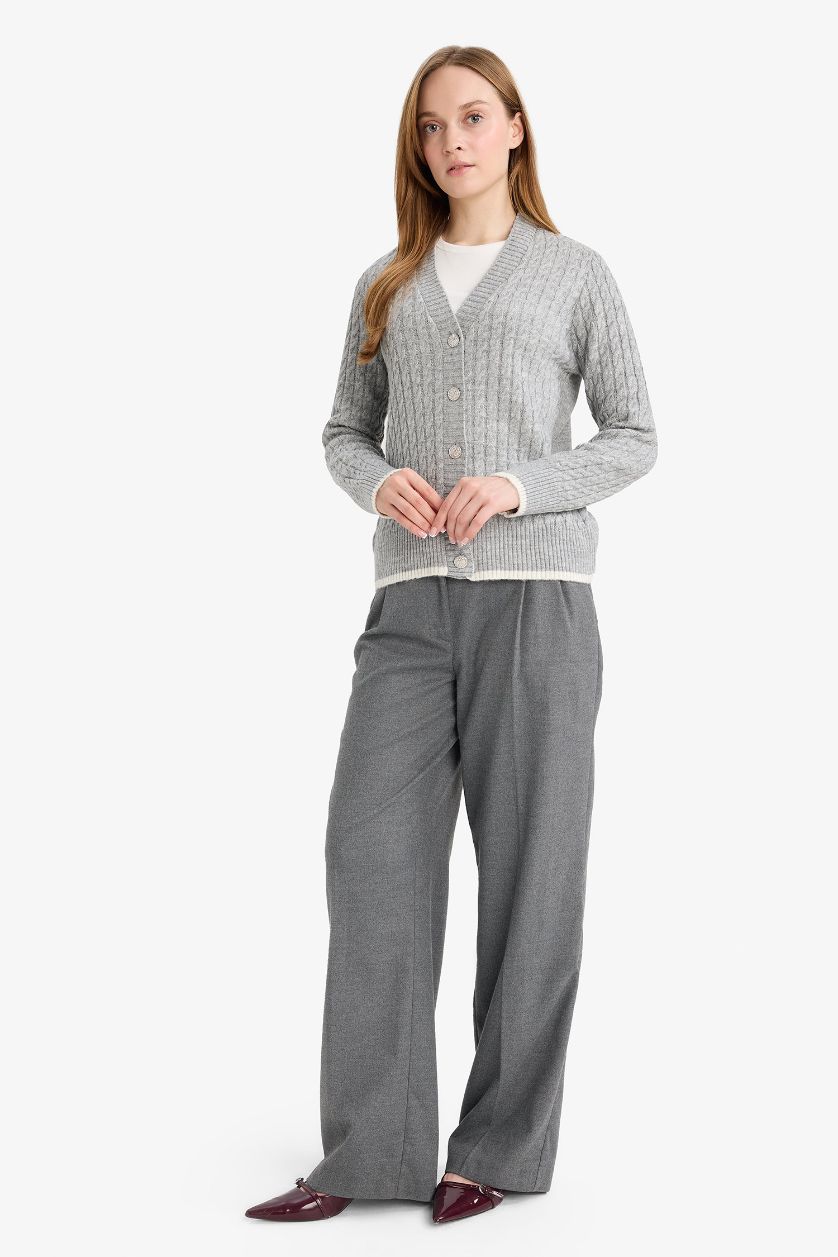 Woman Light Grey Regular Fit V-Neck Cardigan