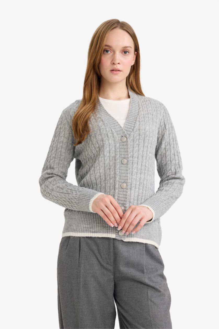Woman Light Grey Regular Fit V-Neck Cardigan
