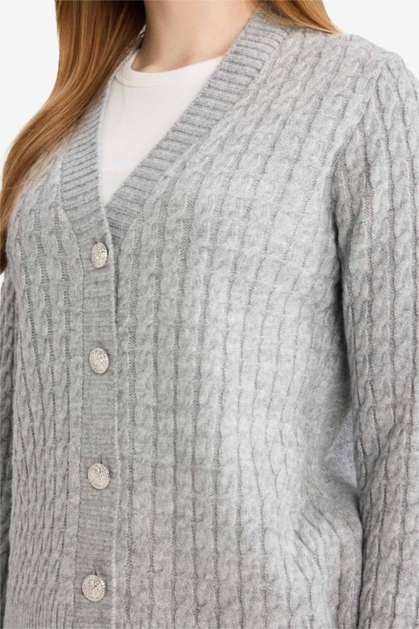 Woman Light Grey Regular Fit V-Neck Cardigan