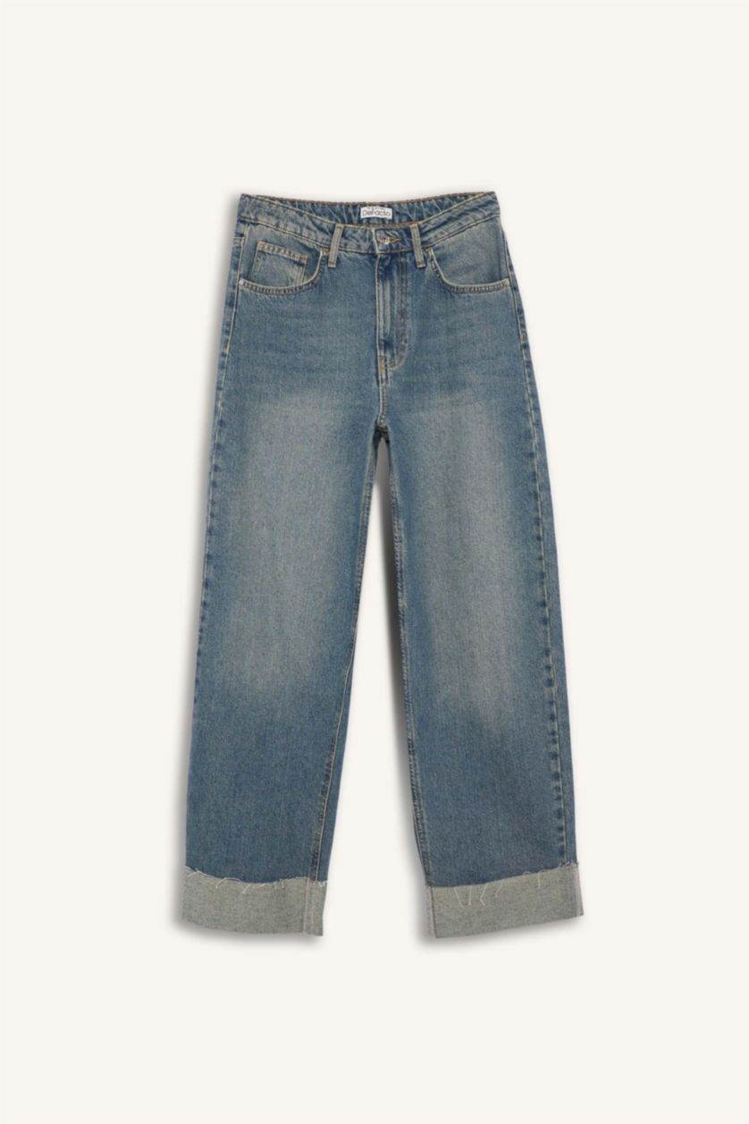 Kadın Mavi Baggy Fıt Yüksek Bel Katlamalı Paça Jean Kar Yıkamalı Pantolon