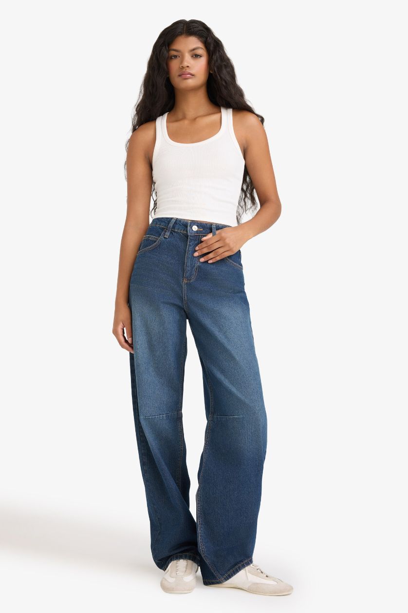 WOMAN Dark Blue Baggy Fit High Waist Long Jeans