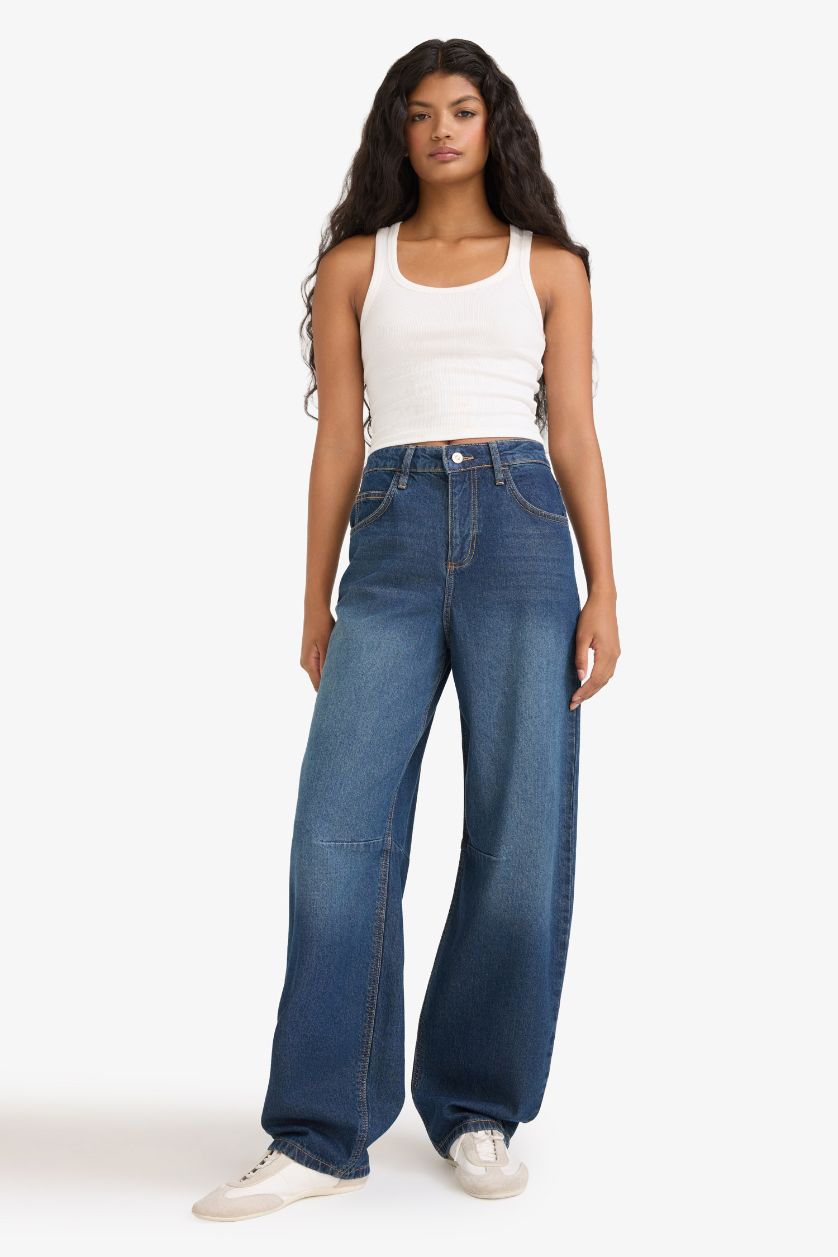 WOMAN Dark Blue Baggy Fit High Waist Long Jeans